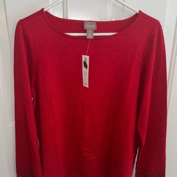 Chico's Tops - Chico’s Red Embellished Sleeve Sweater Size 2 (L) Long Sleeve Pullover NWT